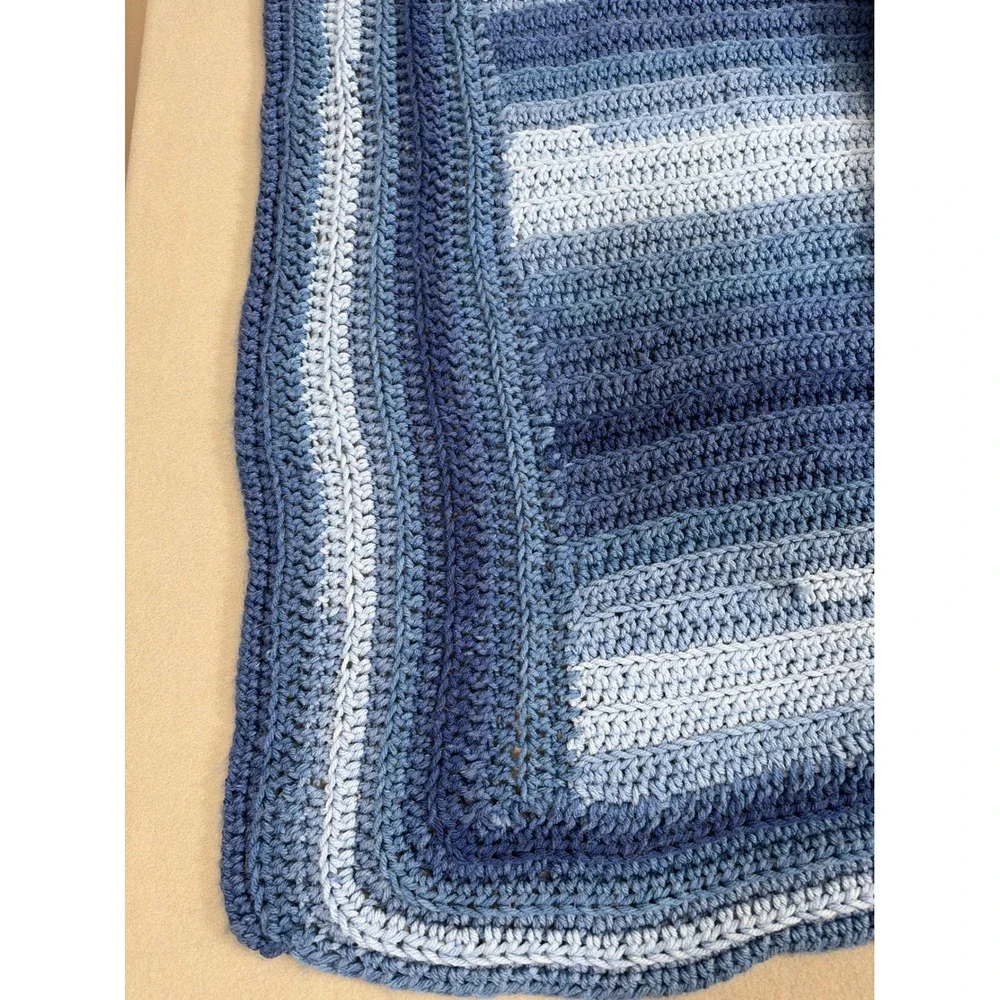 Handmade‎ Crochet Blue Ombre Striped Throw Blanket Scalloped Edge Afghan 48x33